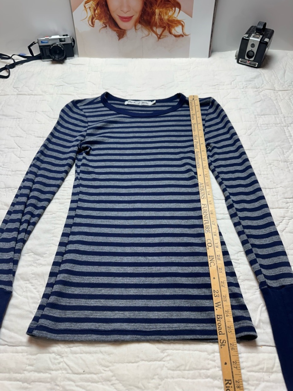 Y2K Michael Stars Stripe Knit Tee | Navy Gray Fitted Minimalist Long Sleeve - Picture 6 of 11
